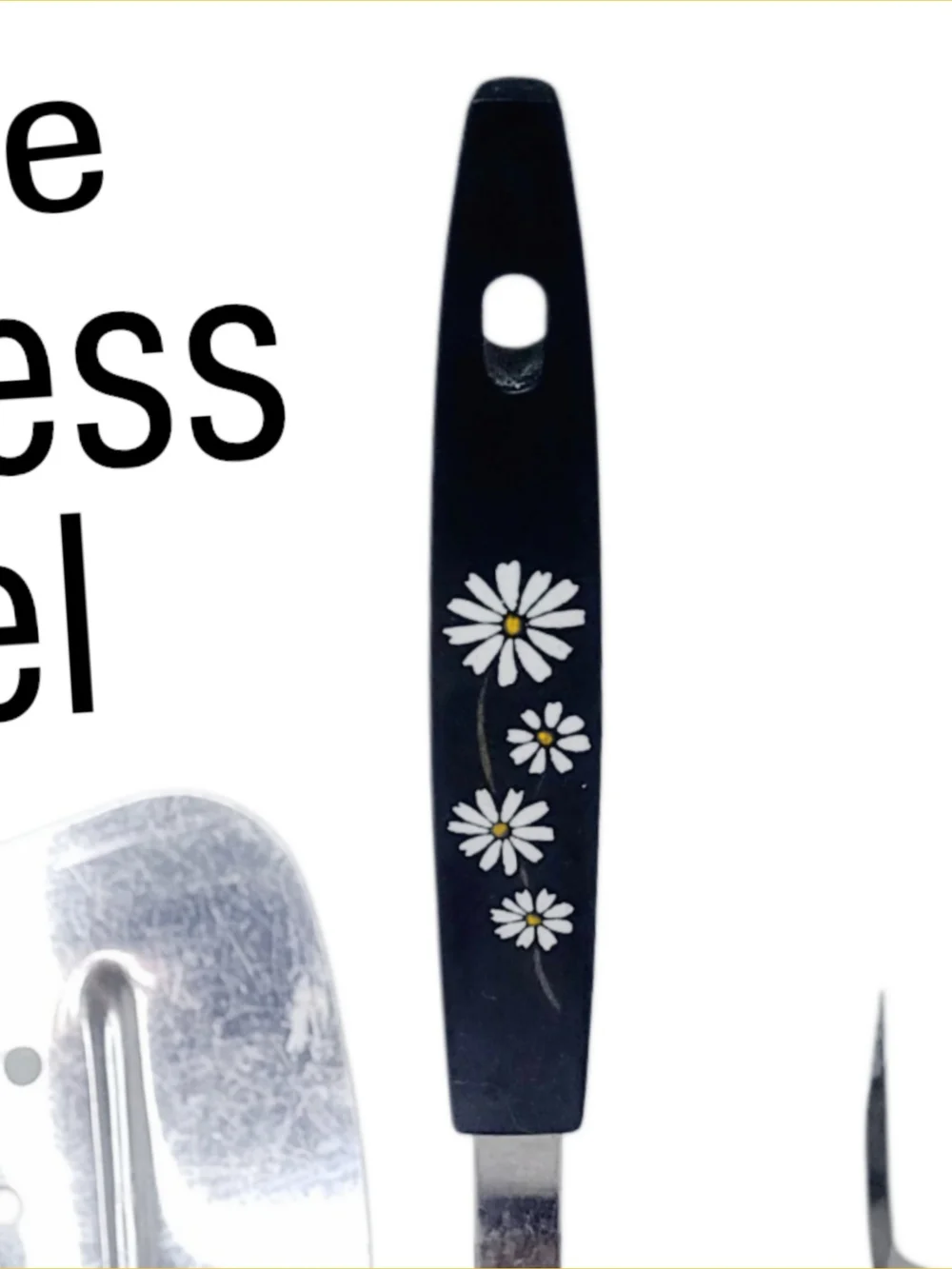 Vintage 1960s Black Daisy Stainless Steel Kitchen Utensil Set